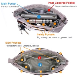 VANCORE Purse Organizer Insert with 13 Pockets, Zippered Top Insert for Handbag and Tote Bag, Inside Shaper with Zipper (Gray, Small)