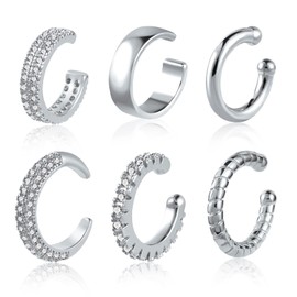 ALEXCRAFT Cubic Zirconia Silver Ear Cuffs Earrings for Women Non Pierced Earrings Conch Ear Clips Wraps 6 Pcs