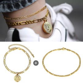 2Pcs/Set Initial Letter Charm Figaro Summer Bracelet or Anklet Stainless Steel Link Chain Bracelet for Women Girl Foot BraceletColor: Q