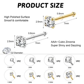 Kabwea 8 Pieces 316L Nose Studs, Nose Piercing, Nose Stud, Helix Piercings, Nostril Piercing, Nose Jewellery, 1.5mm, 2mm, 2.5mm, 3mm (Steel Colour and Gold)