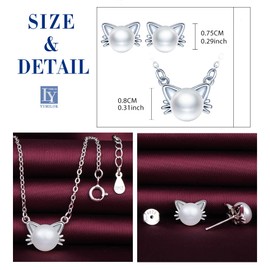Yumilok Women's Necklace Cat Earrings Stud Earrings Jewellery Set with White Pearl Made of 925 Sterling Silver for Women, Sterling Silver Pearl, Pearl