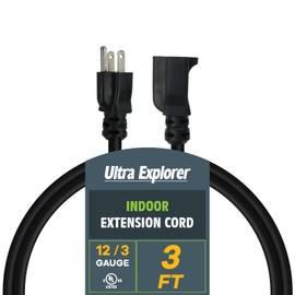 Ultra Explorer Black Indoor Extension Cord 3 Ft, 12/3 SJTW Heavy Duty Extension Cord Waterproof with 3 Prong Grounded Plug, 15 AMP Power Cord for Lawn, Garden, Appliances