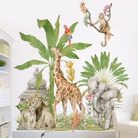 Jungle Animals Safari Wall Decals Giraffe Monkey Lion Plant Animal Wall Stickers Peel and Stick Safari Wall Art Decals for Baby Nursery Kids Bedroom Wallpapers,1 Pack