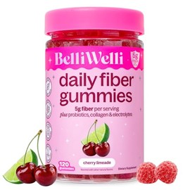 Belli Welli Fiber 4-in-1 Fiber Gummies Supplement with Added Probiotics, Collagen and Electrolytes for Regularity and Bloat Relief, 120 Count (Cherry Limeade)