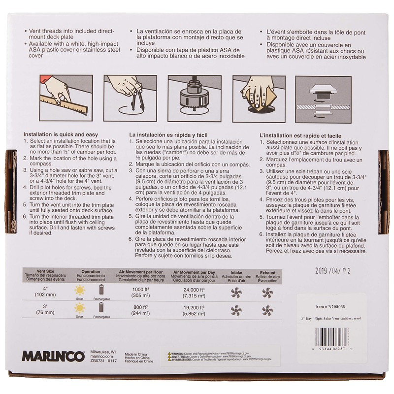 Marinco N20804S Day/Night Solar Vent, 4" Stainless Steel