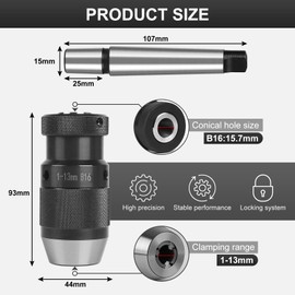 EFUTURETIME Keyless Drill Chuck B16, 1-13 mm, with Taper Mandrel MT2, Drill Chuck MK2 for Lathe, Stand Drill, Bench Drill