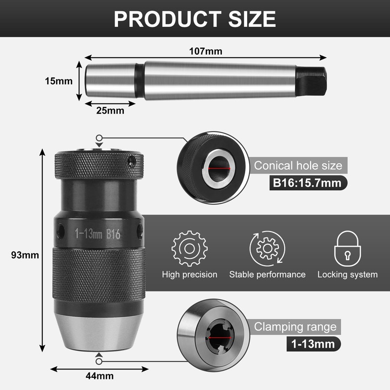 EFUTURETIME Keyless Drill Chuck B16, 1-13 mm, with Taper Mandrel