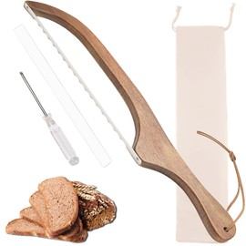 Bread Knife for Homemade Bread, Sourdough Bread Slicer, Wooden Serrated Bow Bread Saw Easy to Cutting, Stainless Steel Bread Knofe Sourdough Cutter with protective cover, Gifts for Christmas New Year