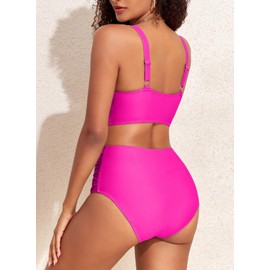 Herseas Women's Twist Front Bikini Sets High Waisted Swimsuits Sporty Removable Padding Bathing Suits Hot Pink Travel Outfits Large