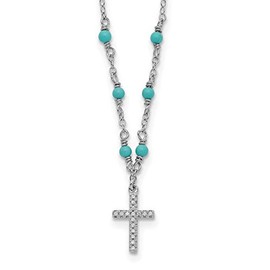 Saris and Things Sterling Silver Rhodium-plated CZ Cross & Synthetic Turquoise with 2in Extender Pendant Necklace