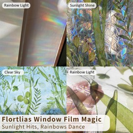 Flortlias Rainbow Watercolor Green Leaves Window Film, Privacy Iridescent Static Cling Double-Sided Decals for Window Door Glass Decor, Herbs, 118.11" x 16.93"