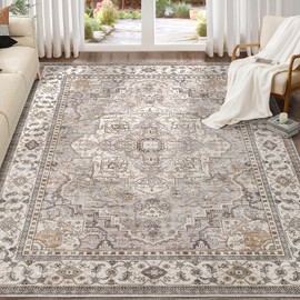 EIEIHOUSE Washable Area Rugs for Living Room - 8x10 Neutral Vintage Distressed Floral Farmhouse Boho Large Soft Floor Rug Indoor Non Slip Carpet for Living Room Bedroom Dining Room Office - Grey