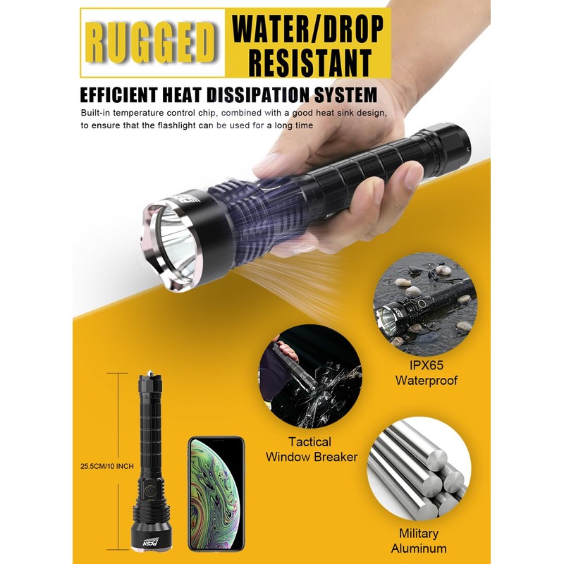 Brightest Rechargeable Flashlights High Lumens - PFSN Super Bright Tactical