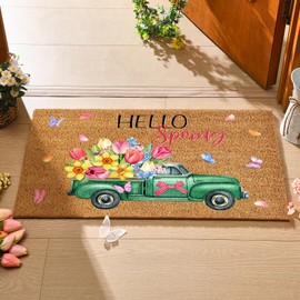 Spring Coir Doormat for Front Door Entryway Flower Truck Tulips Welcome Mat with Non Slip Backing for Spring Garden, Garage, Patio, Home, Porch Decor, 28 x 16 Inches(Hello Spring)