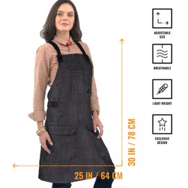 Under NY Sky Work Apron – Cross-back, 3 Pockets, Towel Loops - Adjustable for Men, Women – Cook, Chef, Server, Baker, Barista - Black Denim