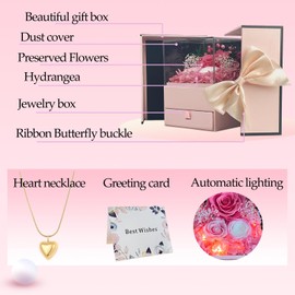 AyaYeah Preserved Flowers in A Gift Box with Bow - Forever Pink Roses with Gold Heart Necklace for Her - Valentines Day Mother's Day Birthday Anniversary for Women Wife Mom Present (Pink)