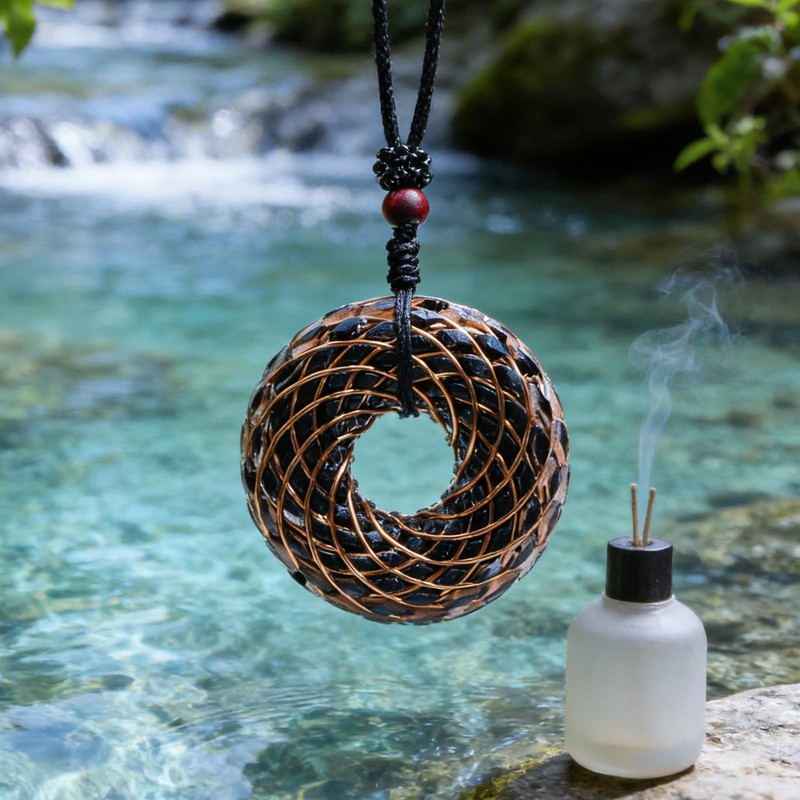 Tan Ran Black Tourmaline Orgonite Rodin Coil Pendant Necklace