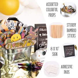 70s Photo Booth Props - 41-pc Disco Photo Booth Kit with 8 x 10-Inch Sign, 60 Adhesive Pads, 45 Sticks - Disco Photo Booth Props - 70's Party Props - 70s Decorations