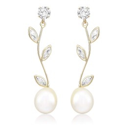 Carissima Gold Women's 9ct Yellow Gold CZ and Pearl Flower-Stem Drop Earrings - 7.3mm x 33.5mm