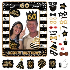 POPOYU 60th Birthday Decorations Men Women,Black Gold Inflatable Selfie Frame&34Pcs 60th Birthday Photo Booth Props,Giant Inflatable Party Photo Booth Frame for 60th Birthday Party Decoration