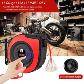 EP Retractable Extension Cord Reel,65 Feet 12 AWG/3C SJTOW Heavy Duty Power Cord,15 AMP Circuit Breaker, 3-Lighted Triple Outlets,Ceiling or Wall Mount Use Indoor/Outdoor, Red