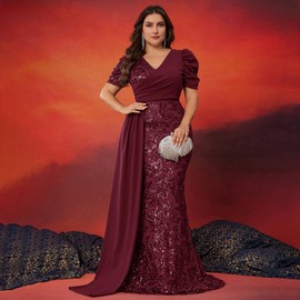 BluePlum Elegant Women’s Formal Dress Wedding Guest Puff Sleeve Mermaid Ball Gowns Court Train Plus Size Sequin Dresses Long, Burgundy, 2XL