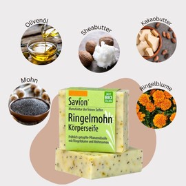 Savion Calendula Poppy Body Soap with Vegetable Oil, Vegan, Palm Oil Free, Plastic-Free, 80 g