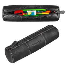 STILORD 'Cato' Leather Pencil Case Vintage Pencil Case Round Pencil Case Leather Case for Men and Women Pencil Case Round Genuine Leather, black, Cosmetic bag