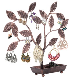MyGift Bronze Metal Hanging Jewelry Tree Earring Display Stand, Necklace Bracelet Organizer Rack with Ring Dish Tray