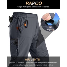 Rapoo Hiking Pants for Mens with Pockets Comfy Lightweight Waterproof Quick Dry Travel Track Outdoor Summer Camping Thin Fishing Work Cargo Pants Grey 34Wx30L