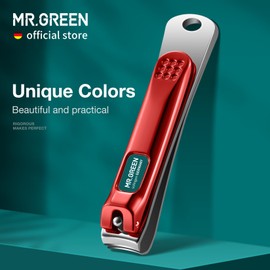 MR.GREEN Nail Clippers Curved Blades Fingernail Cutter Nippers Manicure Scissors Stainless Steel Pedicure Tools with Nail Flies (Medium-Red+Glass File)