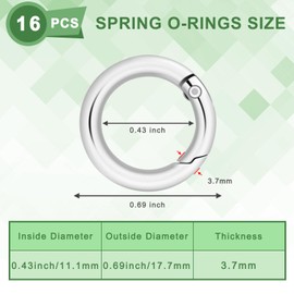 16 Pack Small Spring O Ring, Metal Key Ring Hook Small Round Carabiner Clip for Dog Tags Clip Paracord Keyring Lanyard Keychain Purse Charm Clasps (11mm Silver)