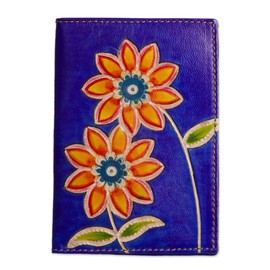 NOVICA Artisan Handmade Leather Passport Wallet Blue Cover with Painted Flowers Handbags Travel Accessories Peru Floral Friendly ' Lovely Traveler in Blue'