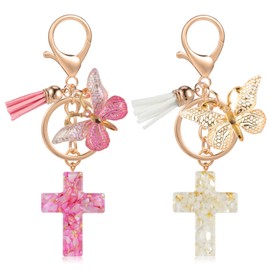 MWOOT 2 Pieces Cross Keychains Christian Bible Key Chain Backpack Handbags Pendant for Women or Girls, Pink, beige
