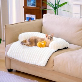 FUNNY FUZZY Pet Couch Cover for Sofa, Calming Dog Bed for Couch, Fluffy Plush Cat Bed Mat for Furniture Protector for Small Dogs and Kitten, 27×24 in, Cream White