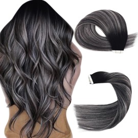 Sassina Invisible tape-in extensions, black to silver, tape-in hair extensions, real hair, 50 g, Remy tape-in human hair, 55 cm, 20 pieces