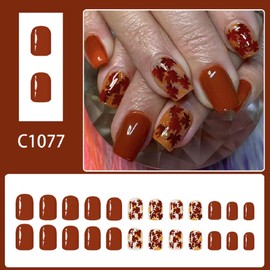 Thanksgiving Press On Nails Short Square Fake Nails Maple Leaf With Glitter Design Fall False Nails Full Cover Orange Acrylic Nail Glossy Glue On Nail Stick On Nails For Women Autumn Manicure 24pcs