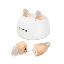 Hearing Aids for Seniors With Hearing Loss, Rechargeable Hearing Amplifiers with Noise Cancelling, OTC Hearing Aid Nearly Invisible, CIC Hearing Aids for Adults, Bevi Hearing Device, Charging Case, Volume Control, 1 Pair, Beige