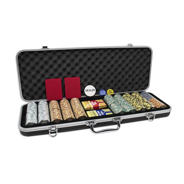 DA VINCI Monte Carlo Poker Club Set of 500 14 Gram 3 Tone Chips with Upgrade Ding Proof Black ABS Case, 2 Decks Plastic Playing Cards, 2 Cut Cards, Dealer and Blind Buttons
