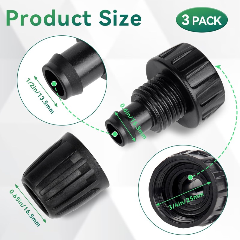 1/2 Inch Drip Irrigation Tubing Faucet Adapter, 3 Pcs 3/4"