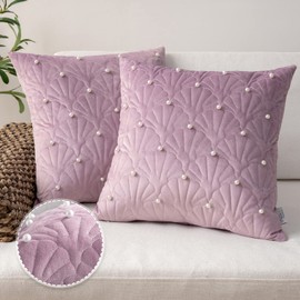 Ashler Pearl Throw Pillow Covers, 18 x 18 Inch Decorative Purple Pillow Cover, Soft Velvet Luxury Pillow Cases with Pearl Embellishment, Shell Pattern Pillow Covers for Sofa and Living Room Set of 2