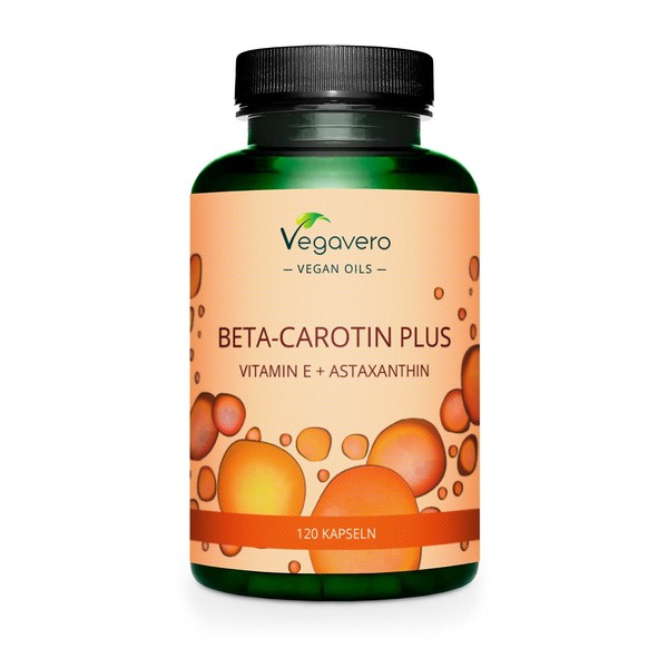 BETA CAROTIN Plus Vegavero® | With Vitamin E & Astaxanthin (AstaZine®) | Lucarotin® B 30 Sun Betacarotene | Antioxidants | Vegan & No Artificial Additives | 120 GreenCaps®