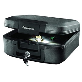 SentrySafe Fireproof and Waterproof Chest Box with Key Lock, Black Travel Safe with Interior Lighting and Carrying Handle, 0.28 Cubic Feet, 6.6 x 15.4 x 14.3 Inches, CHW20205