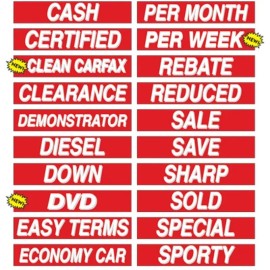 EZ Lettering Red and White Car Dealer Windshield Stickers Slogans 20 packs, 15" You Pick
