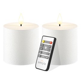 smtyle Vintage Christmas White Flickering Flameless Pillar Candles 3"x3" Set of 2 Battery Operated with Timer Electric Wedding LED Candles for Tables Bathroom Decor