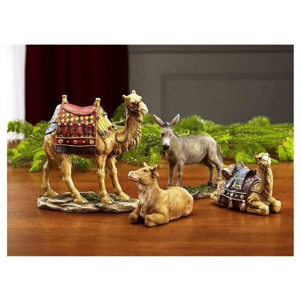 Three Kings Gifts Camels, Donkey & Ox, Polystone Flat Bottom Base for Stability, Home Decorating Christmas Nativity Scene Sets & Figures, 4-Pieces, for The 10 inch Scale Collection