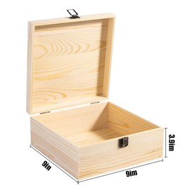 Aulufft Unfinished Wooden Box with Hinged Lid 9 x 9 x 3.9 Inch Unpainted Wood Box Crafts Wooden Storage Box for DIY Art Gifts Jewelry Home Storage Box