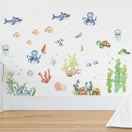 Sea Animal Stickers Deep Sea Fish Wall Sticker Sea Shark Octopus Jellyfish DIY Wall Sticker Stylish Removable Bathroom Bathtub Wallpaper Living Room Bedroom Room Decor