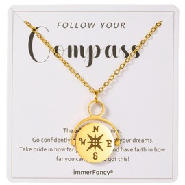 immerFancy Gold Compass Charm Necklace for Women Friendship Necklace for Best Friend 18K Gold Plated Statinless Steel Inspirational Rotatable Compass Engraved Necklaces Graduation Gifts 2025 for Her