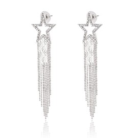 GUOXIAOMEI Bling Women Tassel Earrings Star Ear Stud Pave Crystal Dangle Earrings Boho Waterfall Beaded Fringe Drop Earring (Silver)